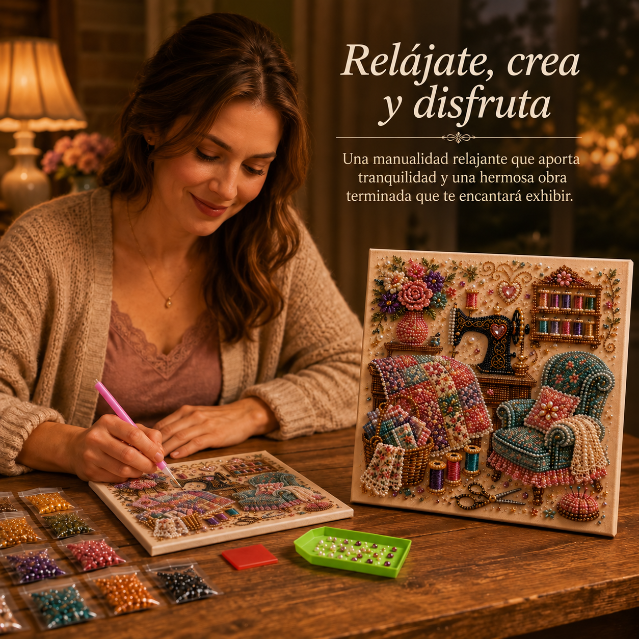 Mujer relajándose frente a una mesa mientras crea una pintura de diamantes de un acogedor cuarto de costura