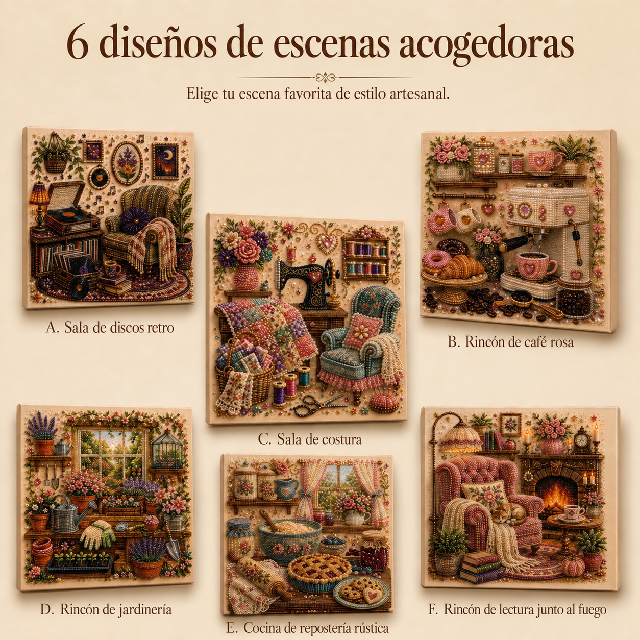 Seis escenas acogedoras: sala de discos, rincón de café, cuarto de costura, cuarto de jardinería, cocina de repostería y rincón de lectura