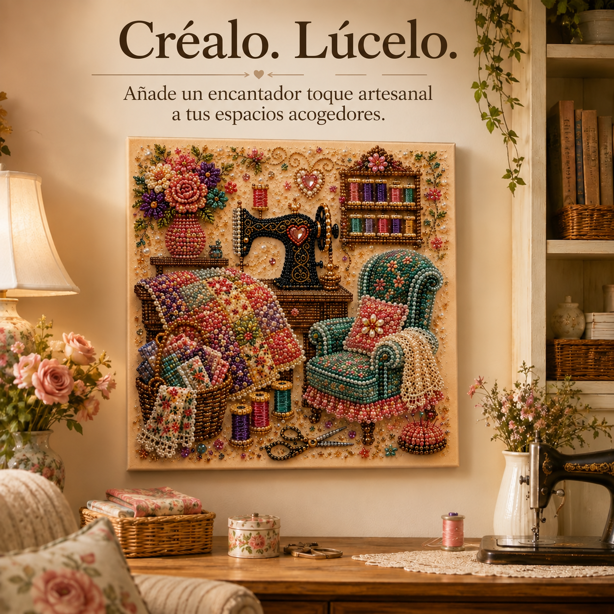 Obra terminada de un cuarto de costura, hecha con cuentas y exhibida en un cálido y acogedor cuarto de manualidades