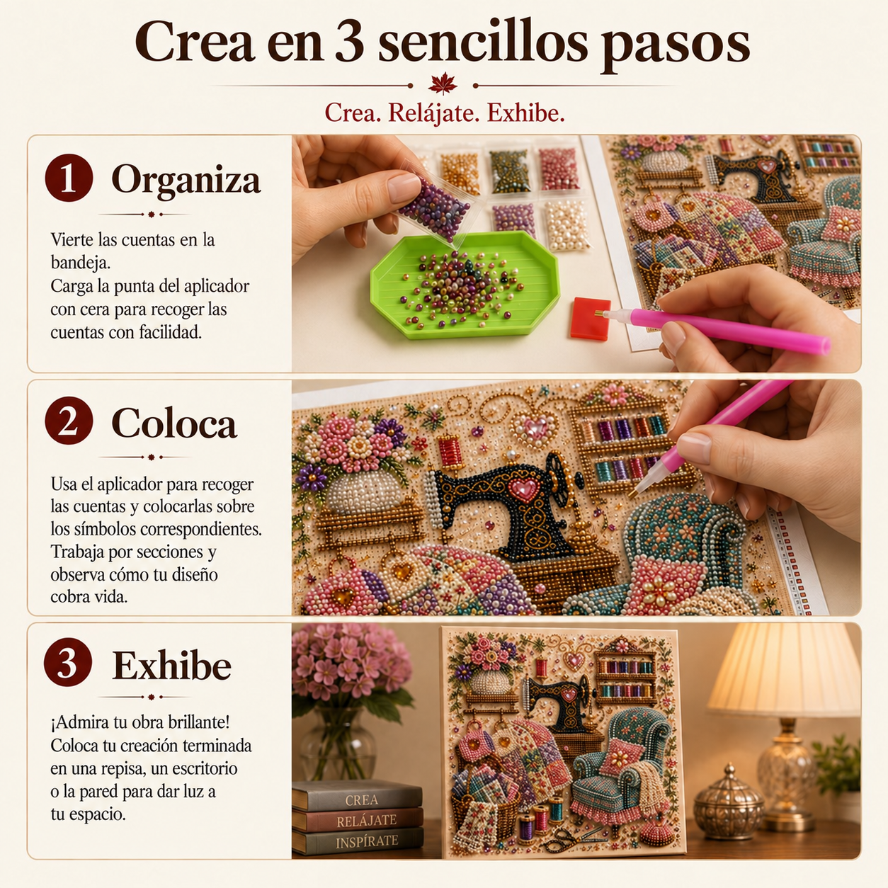 Instrucciones en tres pasos para organizar las cuentas, colocarlas sobre el lienzo impreso y exhibir la obra terminada