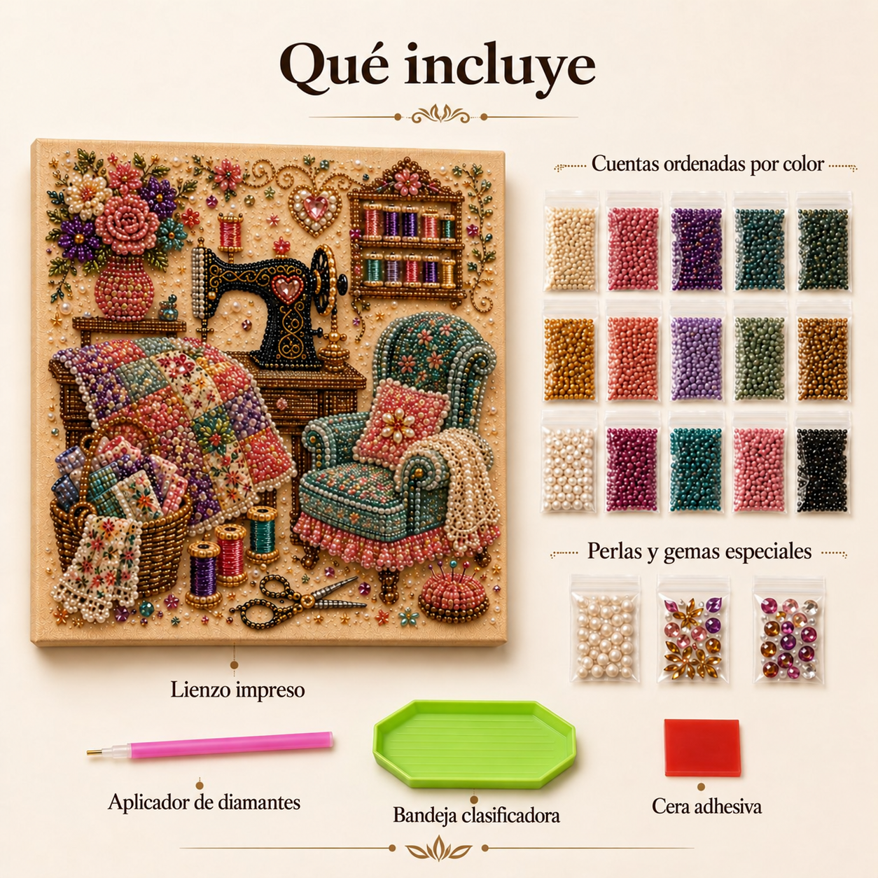Contenido del kit de pintura de diamantes: lienzo impreso, cuentas organizadas por color, perlas, gemas especiales, lápiz, bandeja y almohadilla de cera