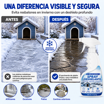Spray deshielante y derretidor de nieve para exteriores: seguro para mascotas, disuelve la escarcha al contacto. Despeja escalones, caminos y patios rápidamente