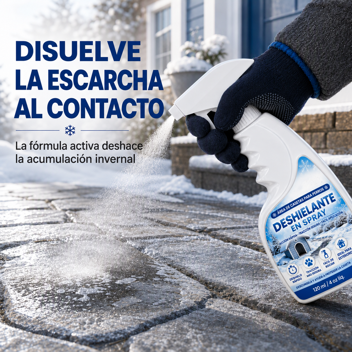 Spray deshielante y derretidor de nieve para exteriores: seguro para mascotas, disuelve la escarcha al contacto. Despeja escalones, caminos y patios rápidamente
