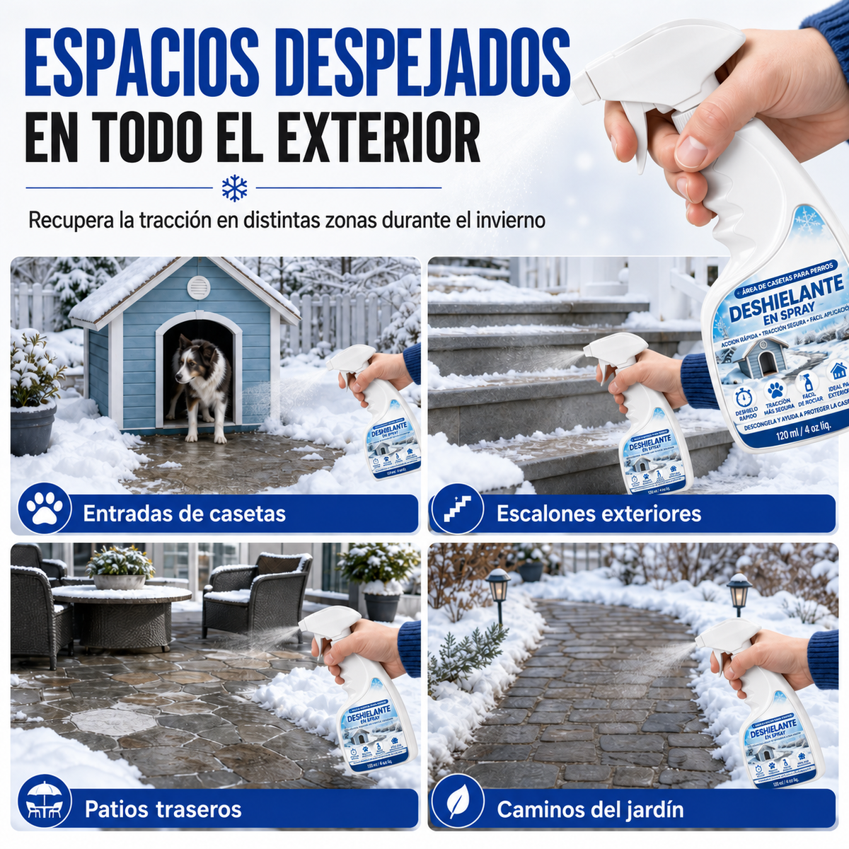 Spray deshielante y derretidor de nieve para exteriores: seguro para mascotas, disuelve la escarcha al contacto. Despeja escalones, caminos y patios rápidamente