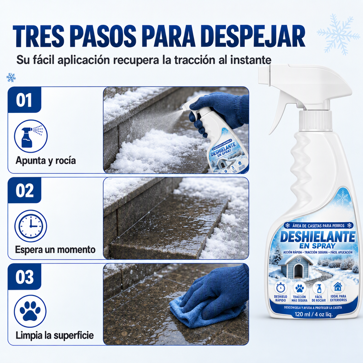 Spray deshielante y derretidor de nieve para exteriores: seguro para mascotas, disuelve la escarcha al contacto. Despeja escalones, caminos y patios rápidamente