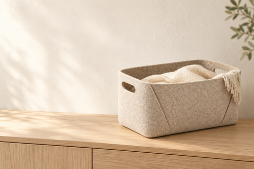 A basket with a neutral throw on a cabinet.